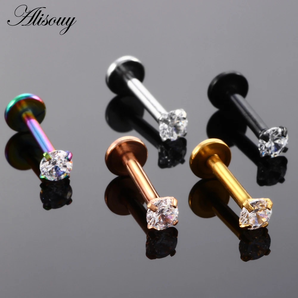 Alisouy 1PC Surgical Steel Assorted Colors Zircon Labret Stud Lip Piercing Ear Cartilage Tragus Helix Ring Charming Jewelry