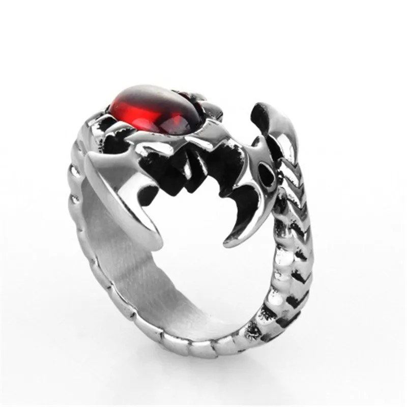 Men Man-made Red stone Scorpion Wrap Silver color 316L Stainless Steel Ring