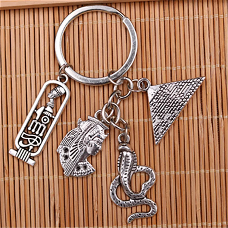 WKOUD 1pc Silver Color Cleopatra Pyramid Cobra Pendant Creative Vintage Handmade DIY Metal Jewelry Alloy Keychain