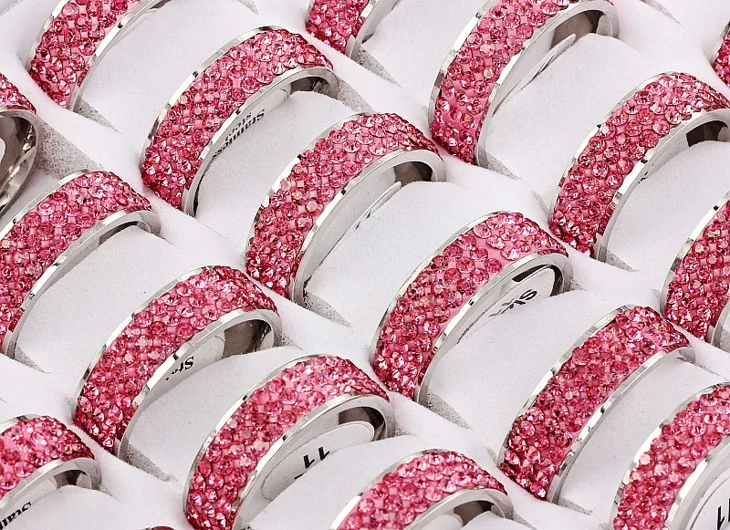 Wholesale Bulk 30Pcs Drop Oil Pink 3Row CZ Inlay Stainless Steel Ring Band Wedding Engagement Xmas Gift Fashion Jewelry 17-21MM