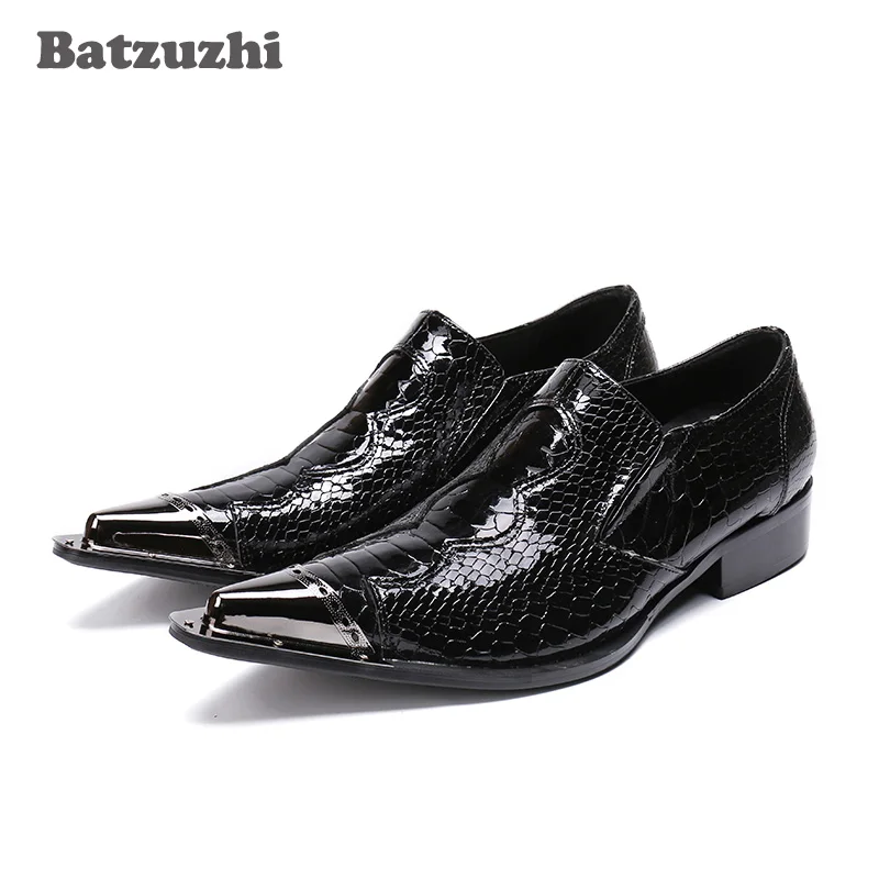 

HOT Pointed Metal Tip Mens Shoes Black Patent Leather Fish cales Pattern Leather Oxford Shoes Formal Business Leather Shoe