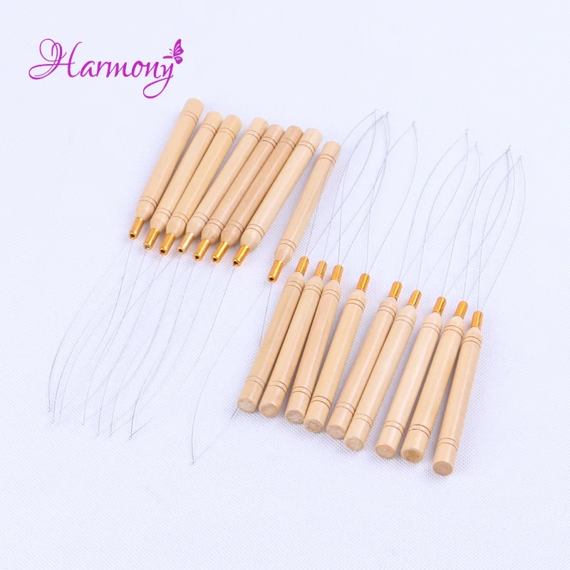 50pcs Hair Extension Hook Pulling Tool Needle Threader Micro Rings Beads Loop Wooden Handle With Iron Wire Hotting