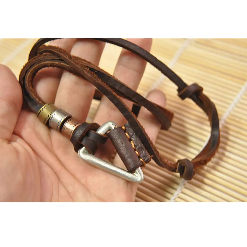 NIUYITID Men Necklace 100% Genuine Leather Necklaces Vintage Triangle Pendants Adjustable Brown Chain Women Collar Jewellery