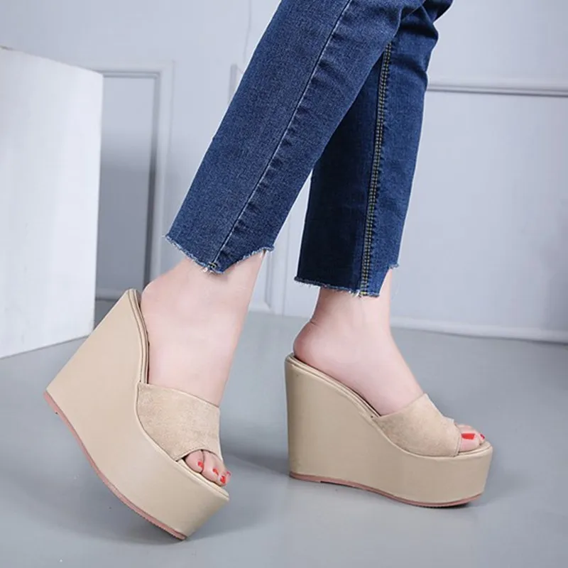 

Wedges Heel Sandals Ladies Summer 14cm Super High Heel Sexy Platform Peep Toe Soild Color Ladies Sandals Woman Shoes