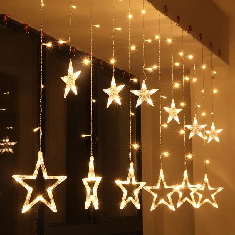 Fancysfull 2M Bintang Peri Romantis Led Tali Tirai Cahaya Hangat Putih EU220V Xmas Garland Cahaya untuk Pesta Pernikahan Liburan Deco