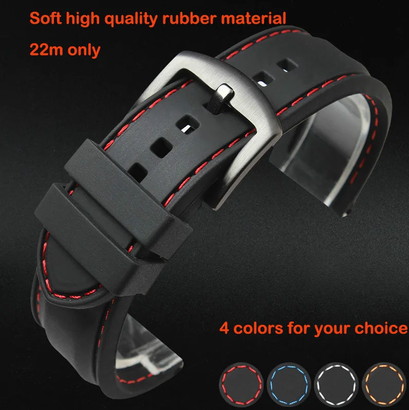 Watch band 18mm 20mm 22mm 24mm  Black Silicon Rubber Waterproof Divers Watch Strap Band Red Thread Size Free Shipping watchband