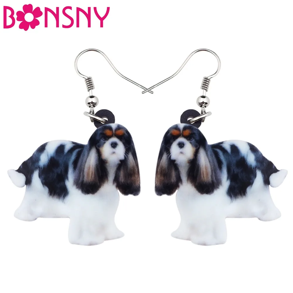 Bonsny Acrylic Elegant Cavalier King Charles Spaniel Dog Earrings Big Long Dangle Drop Animal Jewelry For Women Girl Ladies Bulk