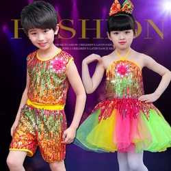 Kid boy girl dance colorful rainbow sequins glitter jazz costume dress clothes hip hop dance stage costume clothing tutu