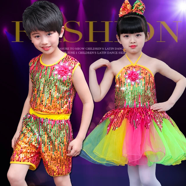 Kid Boy Girl Dance Colorful Rainbow Sequins Glitter Jazz Costume Dress Clothes Hip Hop Dance Stage Costume Clothing Tutu Jazz AliExpress