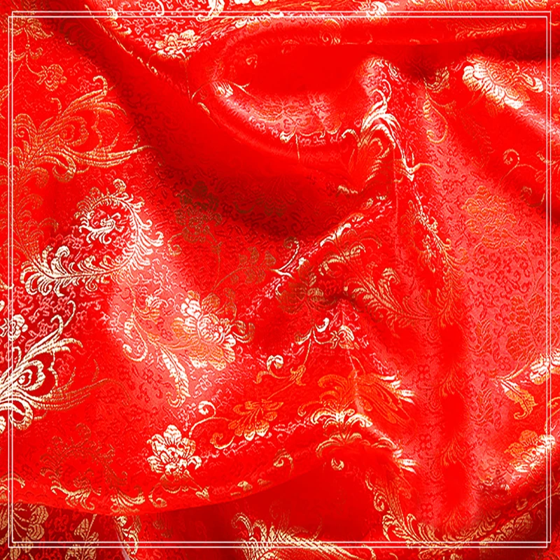 High quality brocade jacquard polyester red background golden Phoenix Tail fabric for patchwork tissue women dress by 100x90