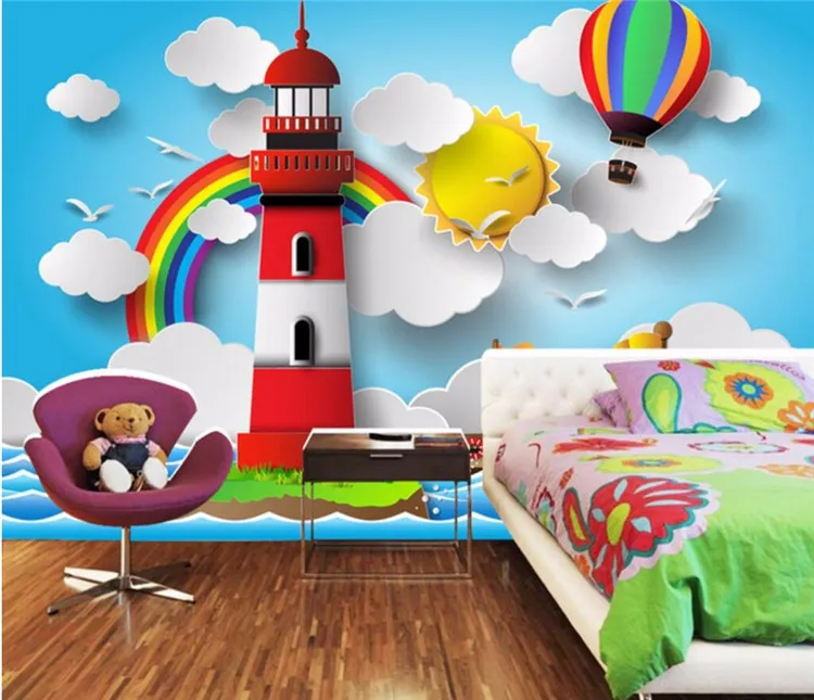 

3d cartoon wallpaper Mediterranean living room bedroom warm kindergarten children's room wallpaper mural lighthouse ocean cloth