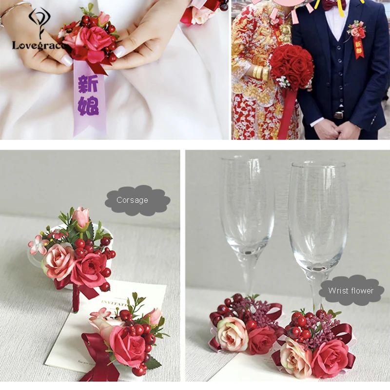 Lovegrace 4 Handmade Cưới Xòe Hoa Boutonniere Rất Nhiều Hoa Lụa Lưng Chân cho Nam Phù Hợp Với Phụ Kiện Cô Dâu Tiếp Liệu