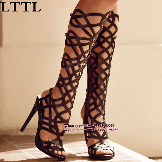 women summer sandals Hollow high heels Black sexy knee high boots fashion Gladiator sandal elegant women high heel Cool boots