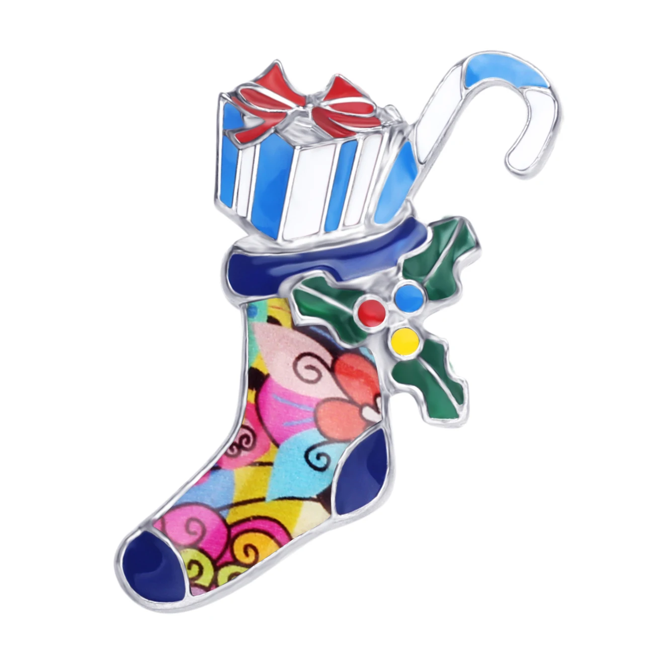 WEVENI Enamel Alloy Christmas Gift Box Socks Brooches Cute Navidad Clothes Scarf Decoration Pin Jewelry For Women Girls Teens