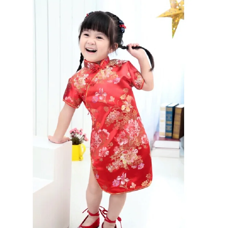 

2020 Summer Girls Dress Qipao Chinese Dresses Sleeved wedding Top Quality Floral girls clothes Rose 2 4 6 8 10 12 14 16Year