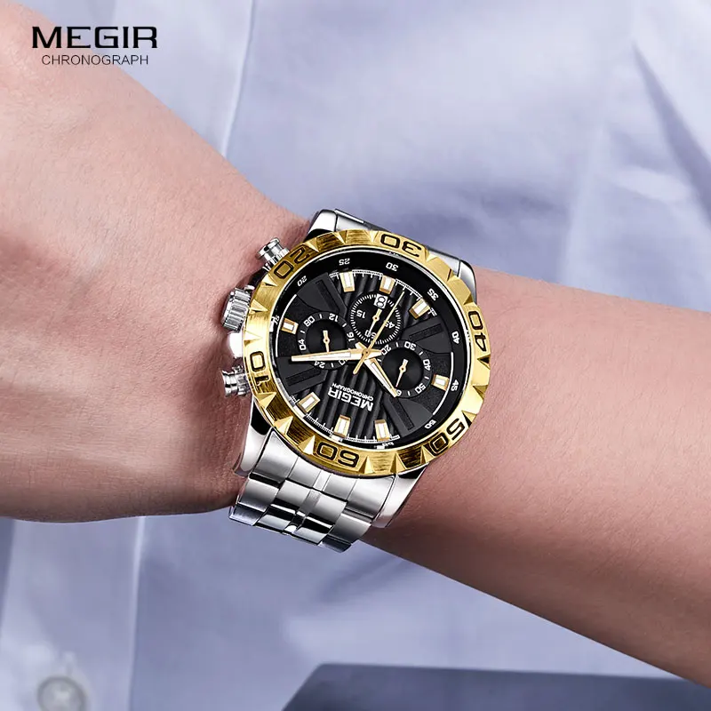 MEGIR – montre-bracelet à Quartz pour hommes, étanche, lumineuse, style armée, or, 2087