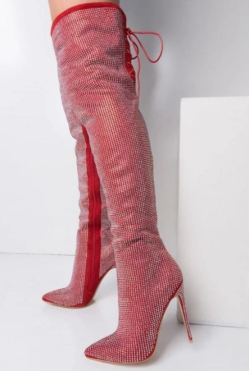 Sexy Red Bling Bling Crystal Over Knee Boots Womens Pointed toe Side Zipper Back Lace-up High Tight High Boots