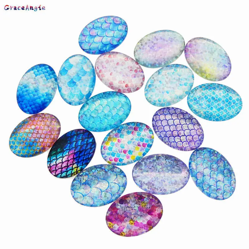 GraceAngie 5pcs Colorful Mermaid Sequins Scale Cabochon Mixed Round Oval Glass Cameo Jewelry DIY Accessory Setting Finding