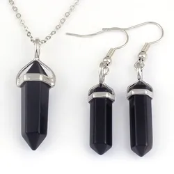 KFT Silver Plated Pendulum Hexagon Column Black Onyx Agates Stone Pendant Necklace Dangle Earrings Fashion Jewelry Set