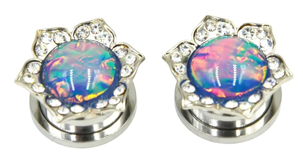 2pcs Charming Flower Opal Gem Ear Flesh Tunnel Screw Fit Ear Plugs Expander Piercing Gauge Body Jewelry