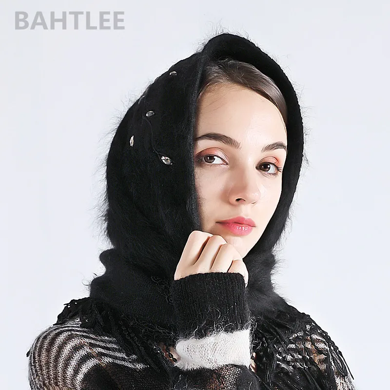 BAHTLEE-Women's Angora Turban, Poncho, Triangle Shawl, Real Fur Wrap, Knitted Cloak, Turban, Autumn, Winter