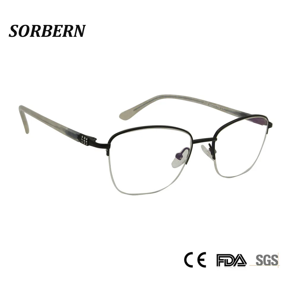 

SORBERN Luxury Diamond Design Women Alloy Metal Eyeglasses Half Rim Cat Eye Optical Frame Myopia Galsses Female Prescription Len