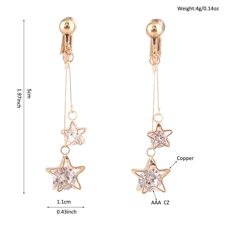 Grace Jun  New Arrival CZ Double Five-pointed Star Clip on Earrings No Pierced for Women Elegant Bridal Earrings Not Allergy