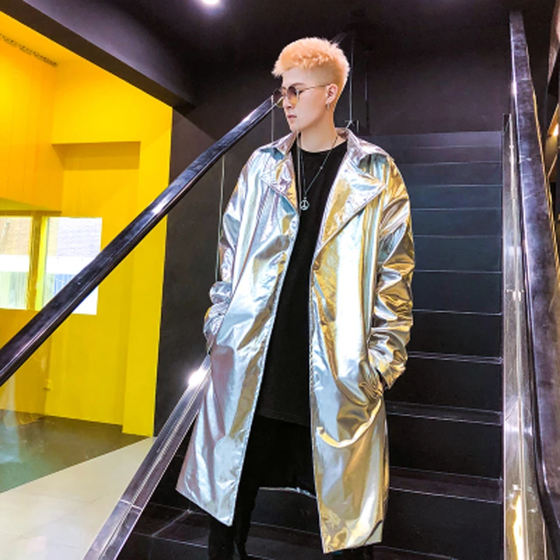 Men Gold Long Trench Coat Autumn Shiny Stage Dance Costume Fashion Korean Loose Cloak Cape Lightweight Windbreaker Jacket Women