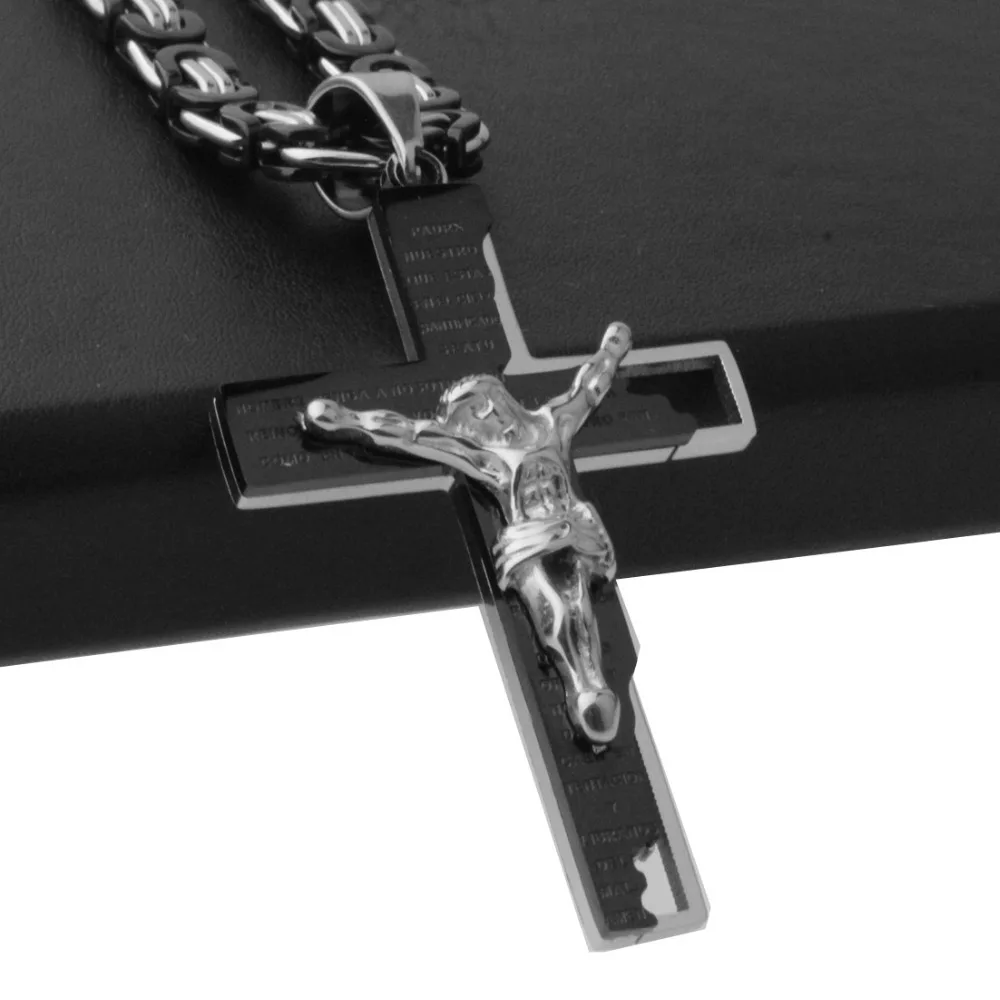 New Arrival Jesus Cross Crystal Pendant Necklace Link Byzantine Silver Black Color Stainless Steel Men Jewelry Collier 18-30\