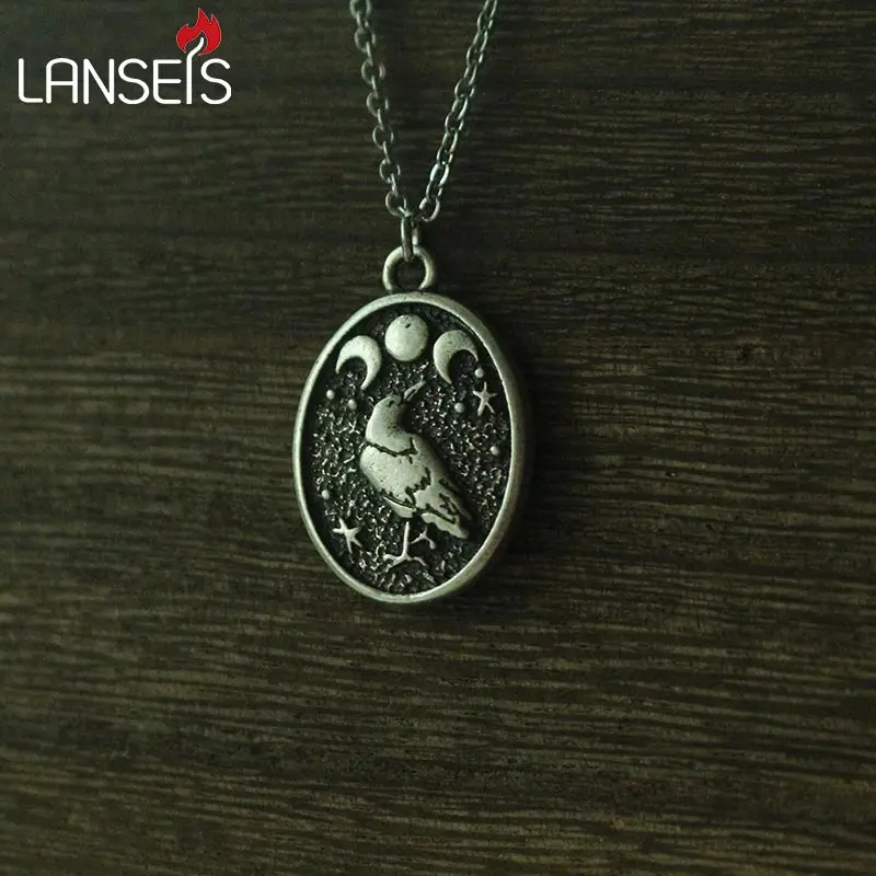 lanseis 20pcs Black RAVEN Bird In Moon Crow pendant Raven and Triple Moon Vintage necklace women man nart handmade JEWELRY