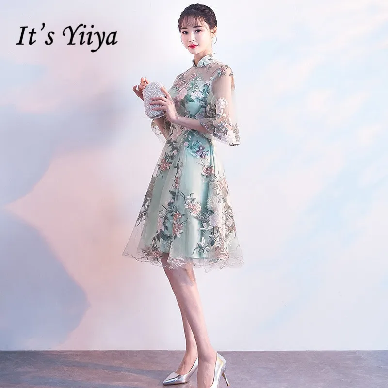 It\'s YiiYa Luxury Light Green Half Sleeve Floral Print Lace Cocktail Dress Knee-Length Formal Dress Party Gown MX022