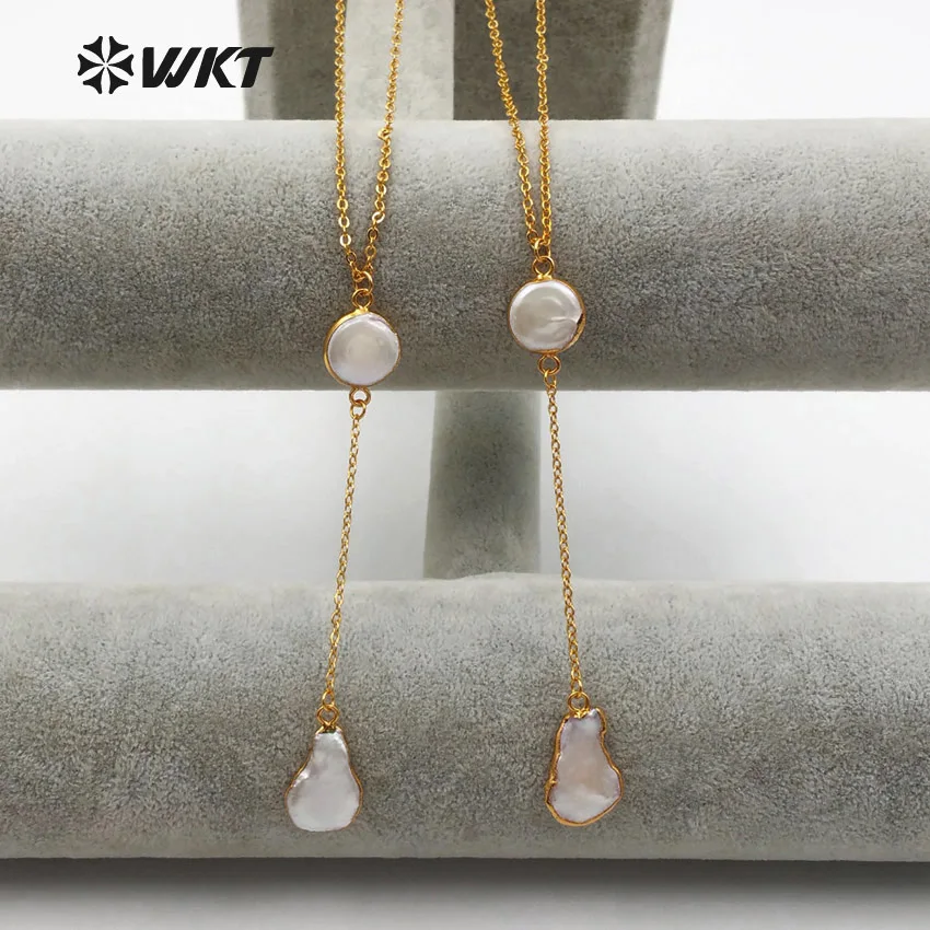 WT-N1127 Bohemia Style Double Natural Freshwater Pearl Gold Dipped Pendant 20 Inch Long With Extend Chain Women Fashion Necklace