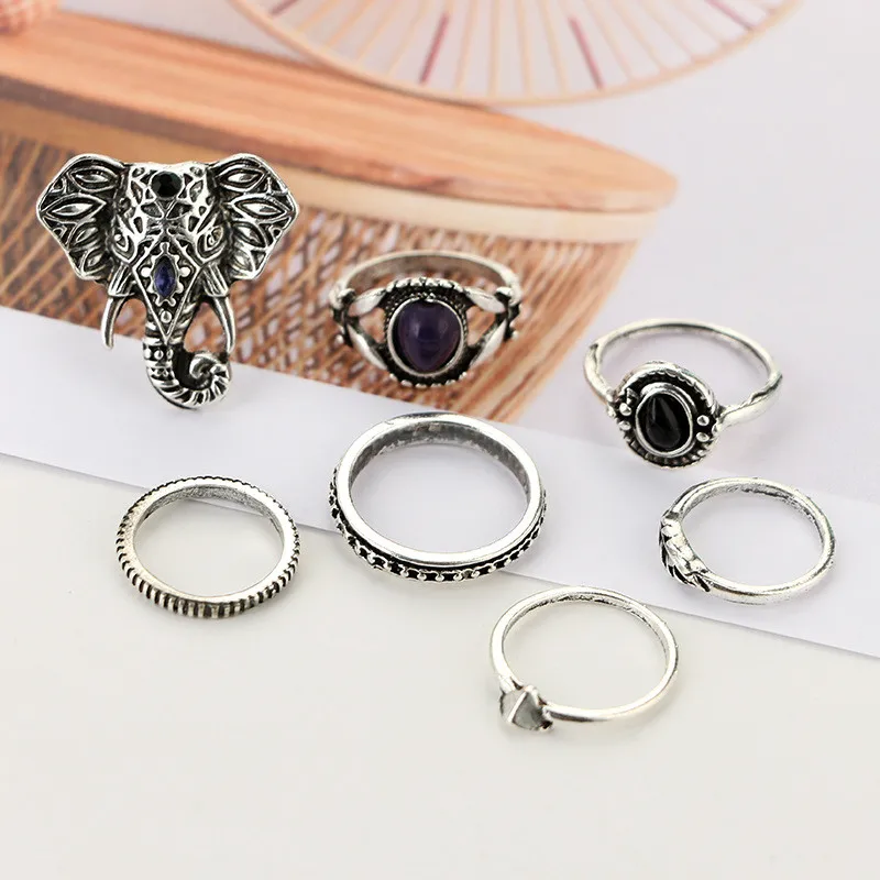 7pcs/set Vintage Stylish Punk Black Blue Opal Elephant Ring Set for Women Boho Carved Knuckle Midi Rings Set Party Gift