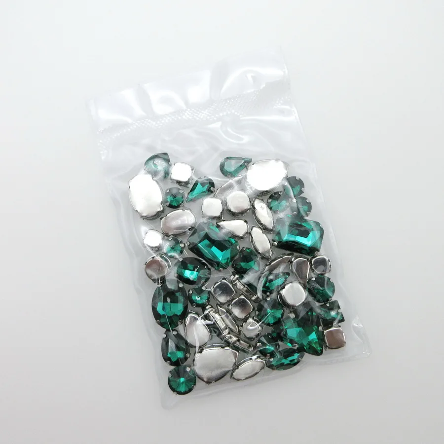 Emerald glass crystal strass mix 13 shapes silver claw flatback sew on rhinestones beads bags garment accessories diy 50pcs/pack