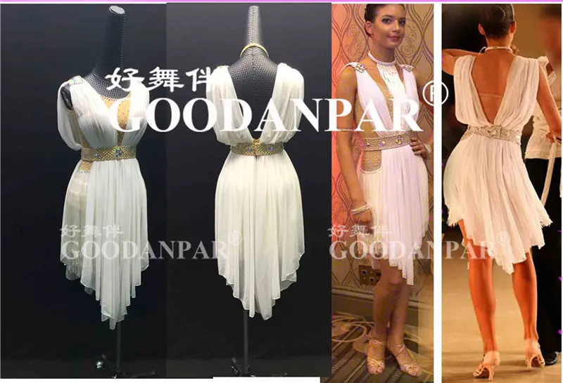 GOODANPAR White Elegant Round Neck Fringe Rhinestone Lycra Latin Dress Women latin Costume Competition Clothes Stage Dance Wear