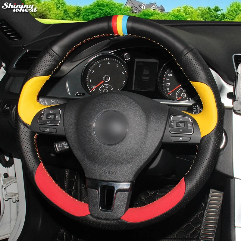 

Shining wheat Black Yellow Leathe Red Suede Car Steering Wheel Cover for Volkswagen VW Gol Tiguan Passat B7 Passat CC Touran Jet