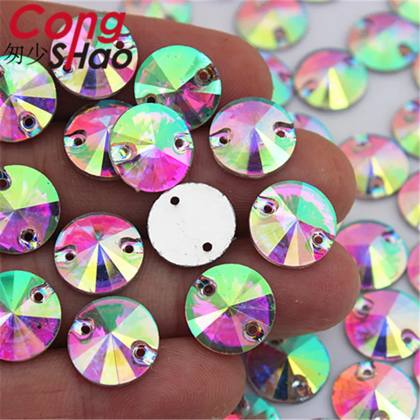 Cong Shao 10/12/14mm Crystal AB / Clear AB Flat Back Round Resin Rhinestone Trim Sew On Stones 2 Hole DIY Wedding Dress YB300