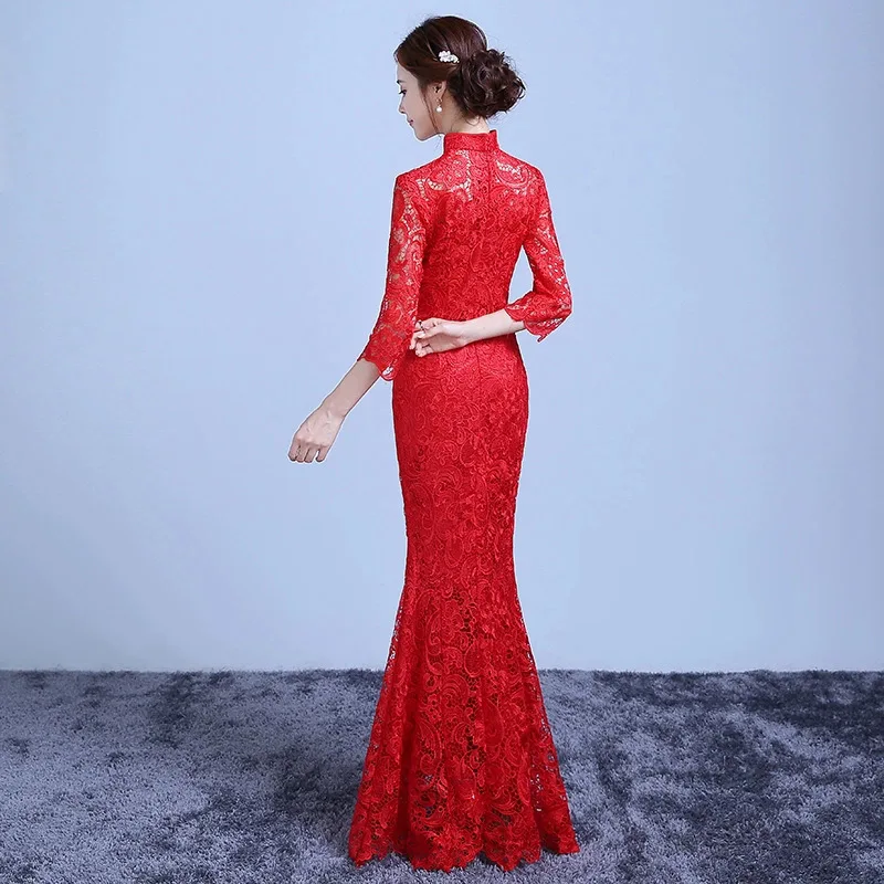Red Lace Bride Long Cheongsam Chinese Traditional Dress Vintage Hollow  Modern Wedding Qi Pao Vestido Oriental Mermaid Dresses - AliExpress  200000532