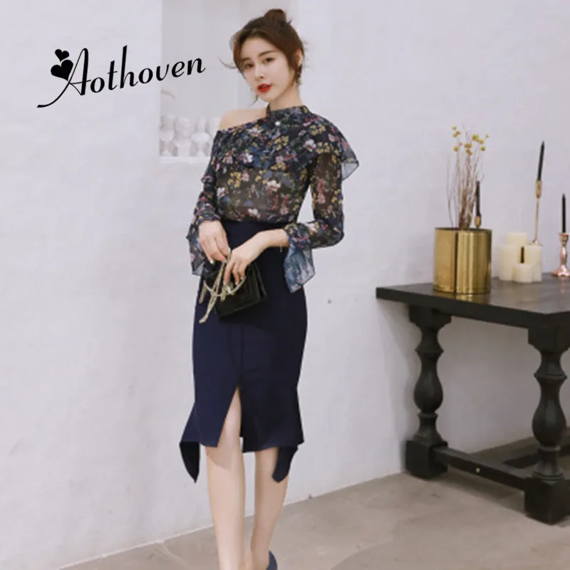 

2 Piece Set Women Suit 2020 Spring Long Flare Sleeve Print Hollow Out Top and Asymmetrical Skirt Vintage Two Piece Sets Vestidos