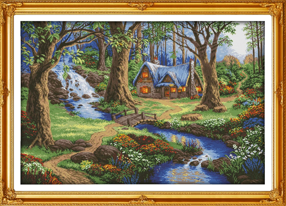 

The cabin in the forest cross stitch kit lanscape garden 14ct 11ct count printed canvas stitching embroidery handmade needlework