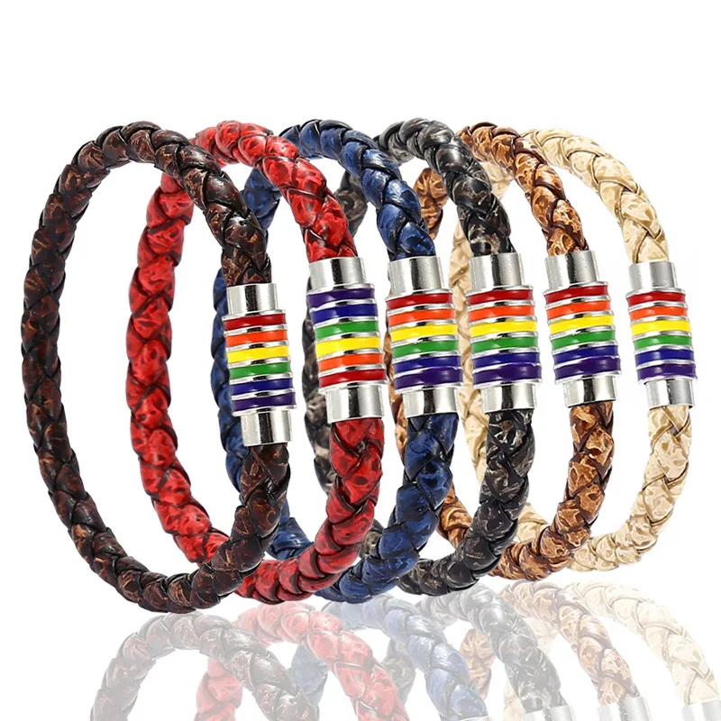 

New Braided Leather Bangles Bracelets Stainless Steel Gay Pride Rainbow Magnetic Bracelet Men Women Charms Bracelet Dropshipping