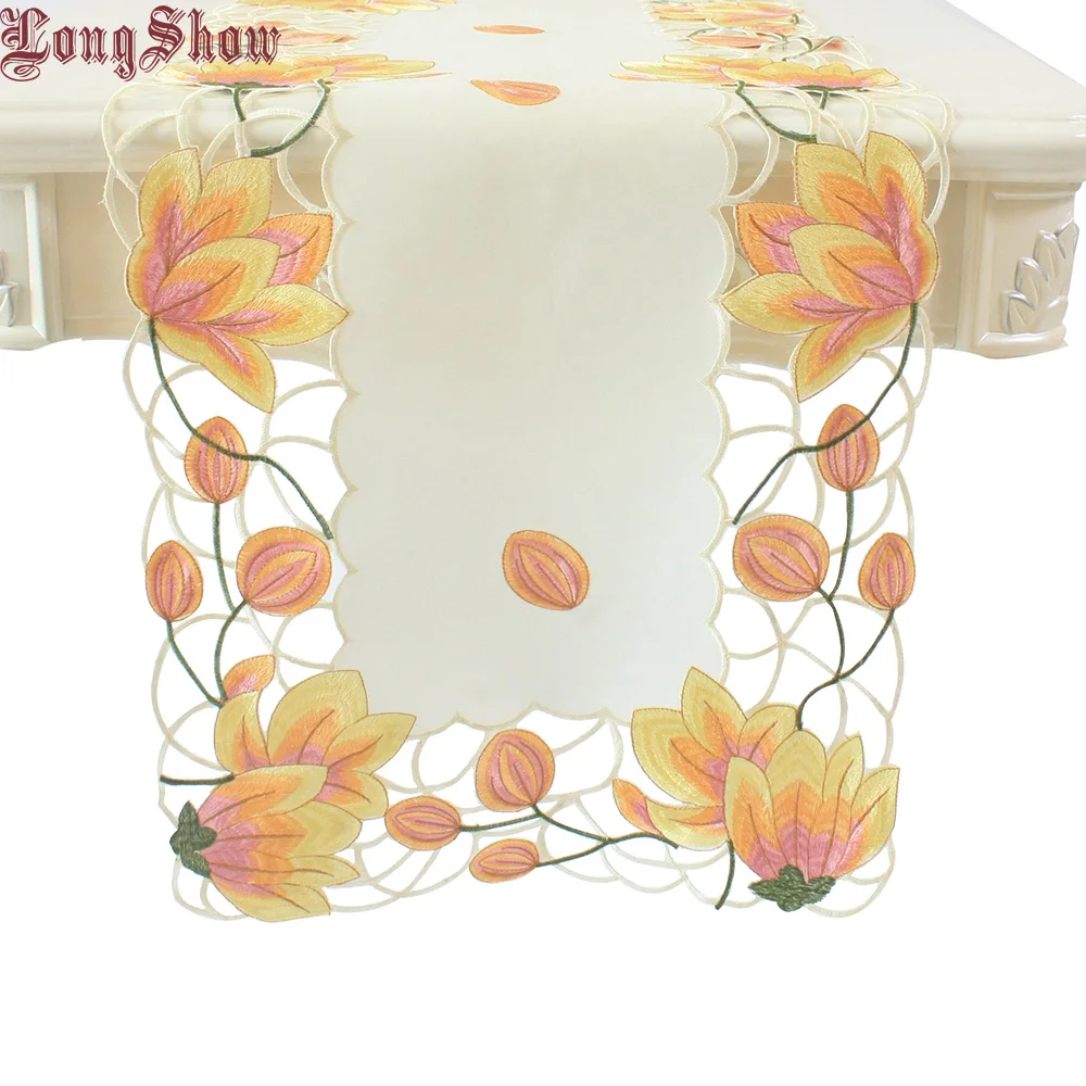 LongShow Luxury Wedding Party Decorative Pink Yellow Color Handmade Satin Cutwork Embroidery Table Runner Christmas Decoration