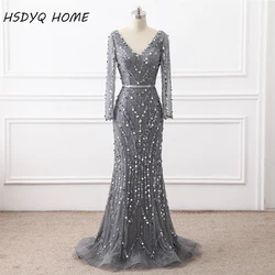 Luxury Evening dresses Real photo Heavy Beading Handmade Mermaid Evening prom Dress Long Sleeve Sexy V-neck evening party gown