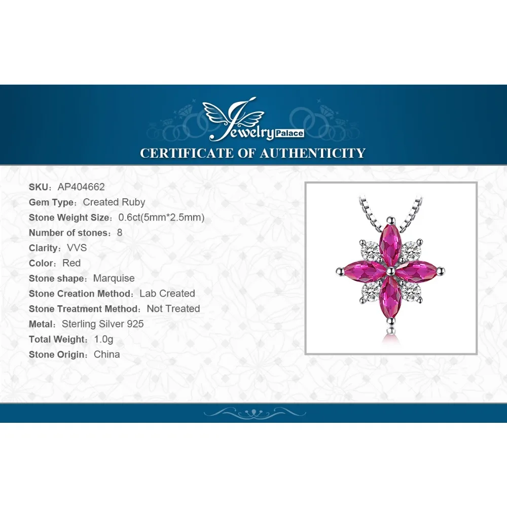JewelryPalace Flowers Created Ruby 925 Sterling Silver Pendant Necklace for Woman Cross Gemstone Fine Jewelry Choker No Chain
