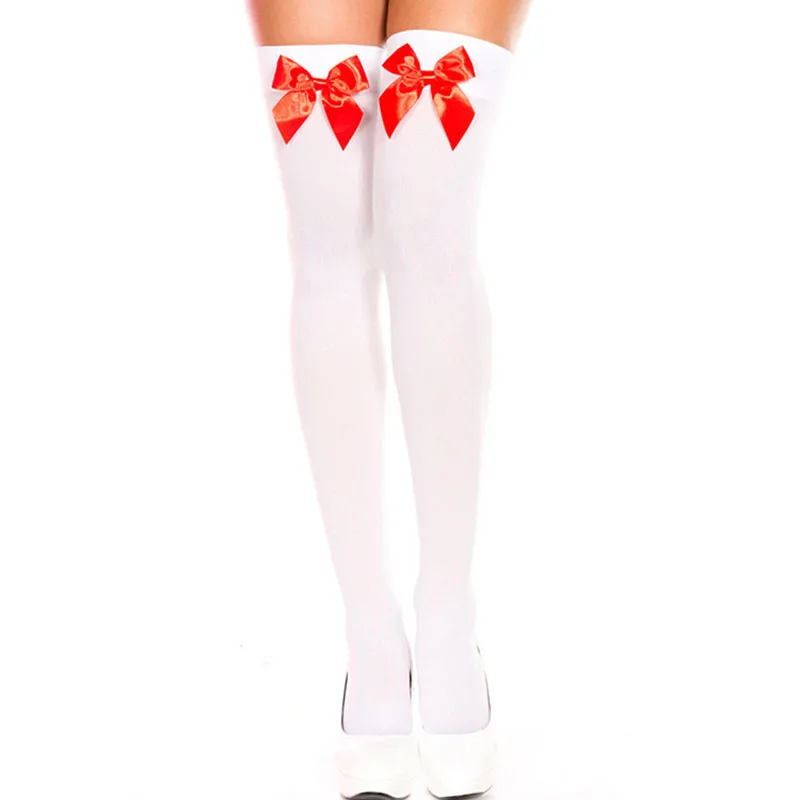 Bas de costume d\'Halloween pour femmes, chaussettes à nœud, nylon, blanc, rose, noir, rouge, au-dessus du genou, filles, cuisse haute sexy, mode