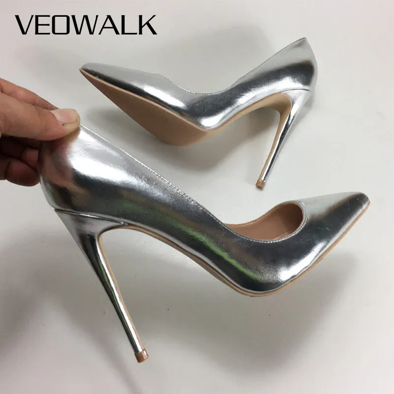 Veowalk Silver Matte Women Sexy Stilettos Pumps 8cm 10cm 12cm Pointed Toe High Heels Elegant Ladies Wedding Bridemaids Shoes