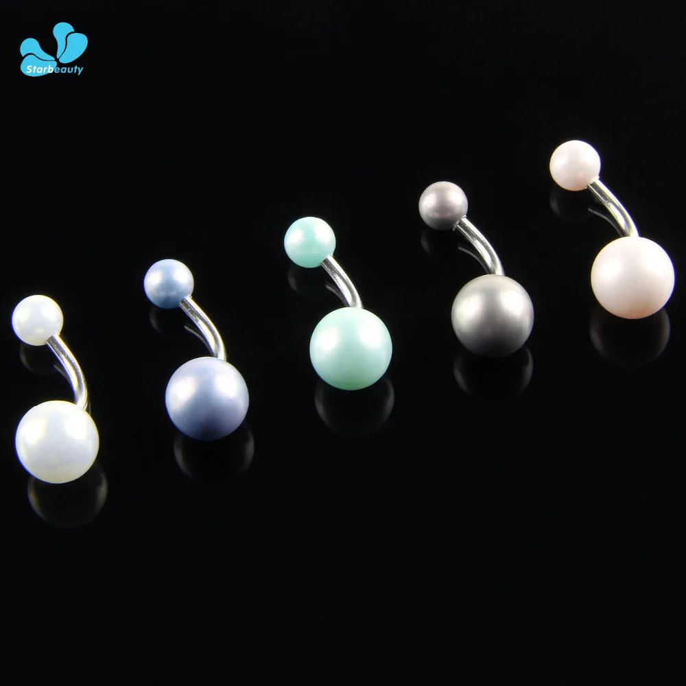 2Pcs Mix Color Imitation Pearl With Surgical Stainless Steel Body Piercing Jewelry Ball Belly Button Rings NavelPiercing Jewelry