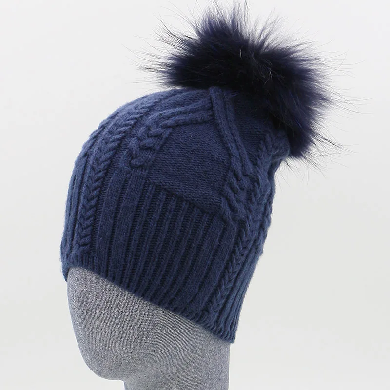 2016 New Style Winter Hats For Women Fashion 100% Wool & Fur Pom Pom Beanies Hats Navy Blue Fur Pompoms Sweater Twisting Hats image 3