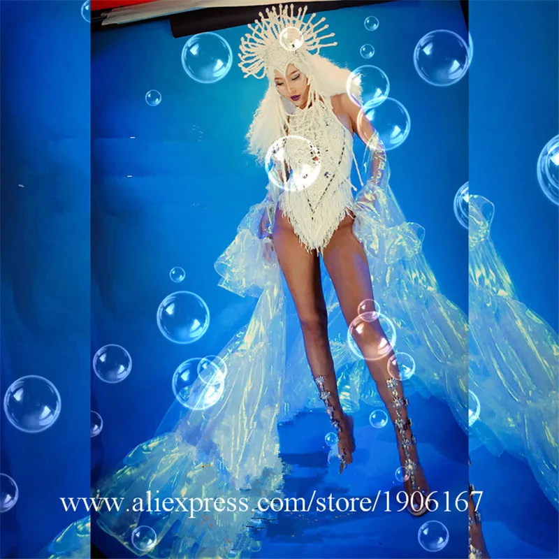 Sexy Lady Ballroom Costume Party Evening Dress With Headwear Stage Performance DS TV Show Clothes Christmas Halloween DS Cloak