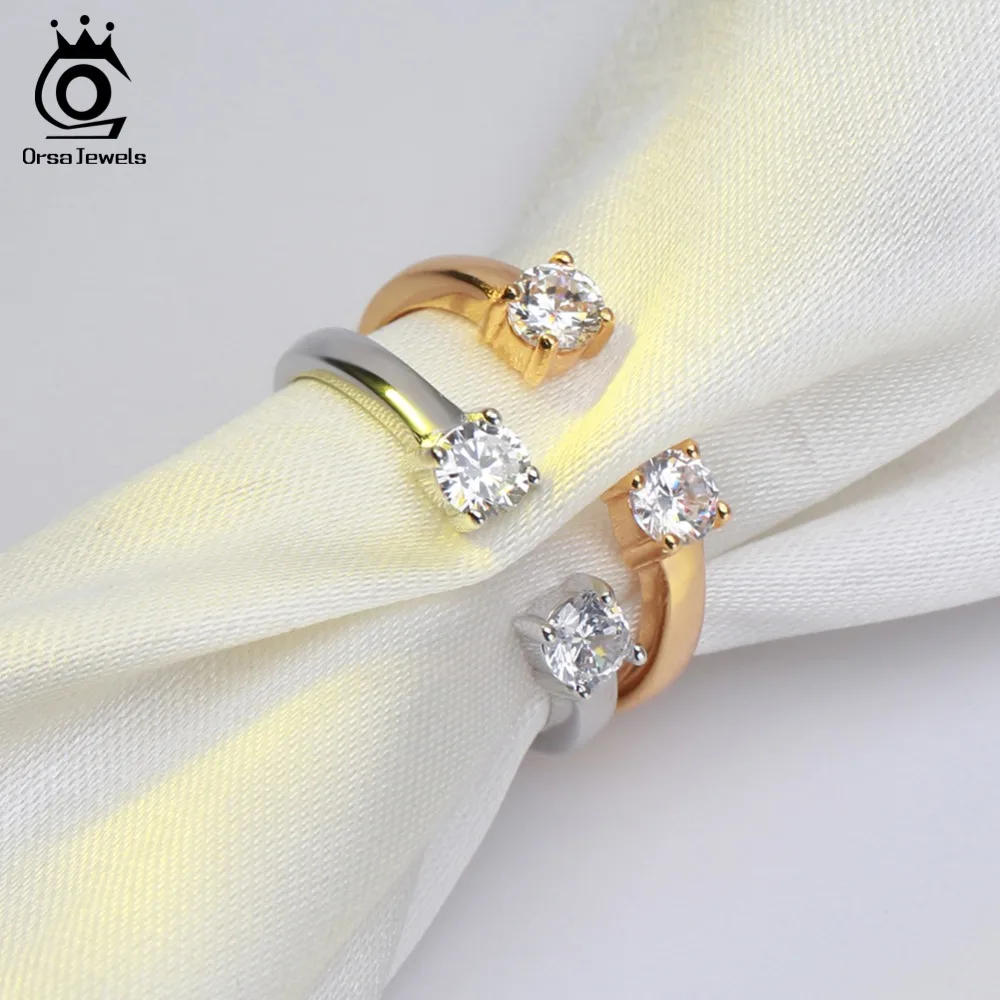 ORSA JEWELS 100% 925 Sterling Silver Rings Adjustable Finger Ring Silver Gold Color AAA Zircon Silver Jewelry Party Gift OSR60
